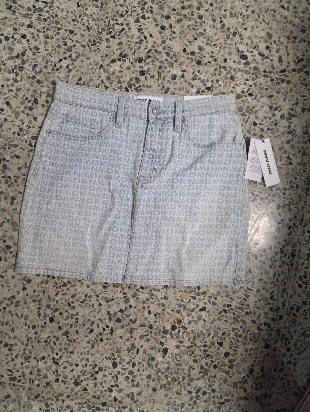 DKNY Light Denim Logo-Print Mini Skirt